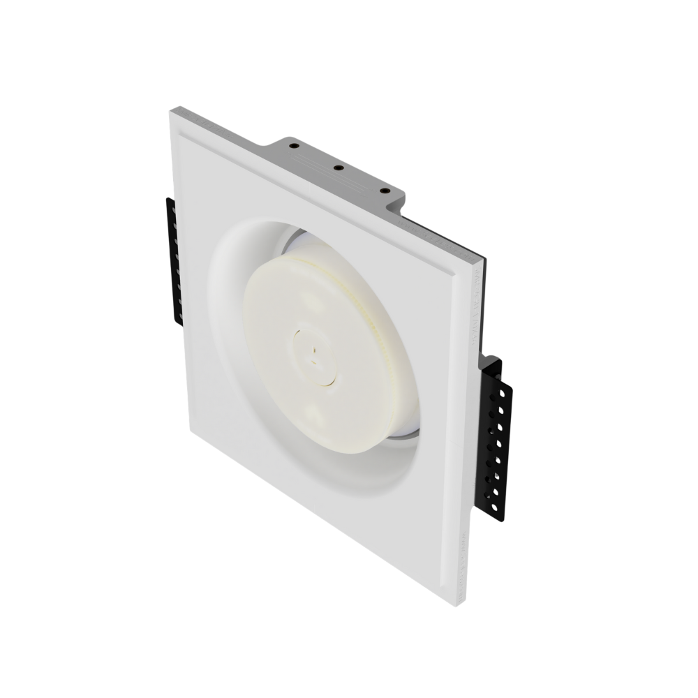 Left angle showing SMR-2GU-170x46 with round sensor device installed in two-gang universal mount