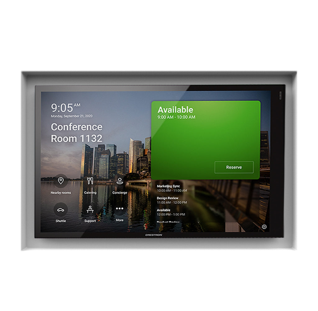 SLA-TPCT10-375 10" Touch Panels Crestron 70 Series Mount. Elegant living space featuring the In-wall Plaster Mounting Platform with a 10" Crestron Touch Panel, enhancing interior design and space efficiency.