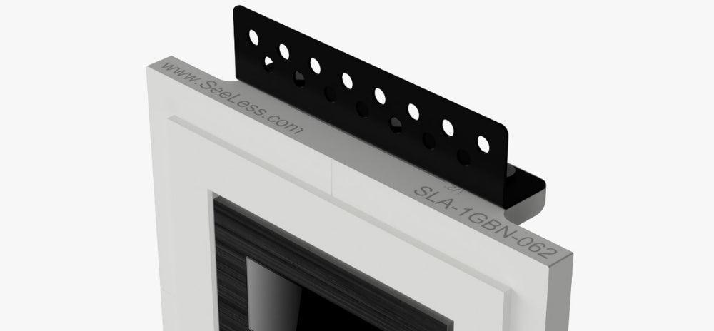 Black Nova keypad recessed into a SeeLess white in-wall mount (model SLA-1GBN-062), featuring a precision-engineered metal bracket and minimalist architectural framing.