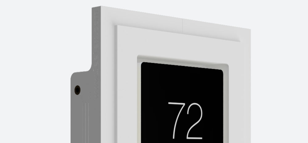 Daikin touch thermostat displayed in a SeeLess white flush in-wall mount (model TSS-1GU-130x96x23), featuring a black digital screen with temperature reading “72,” designed for a clean, architectural finish.