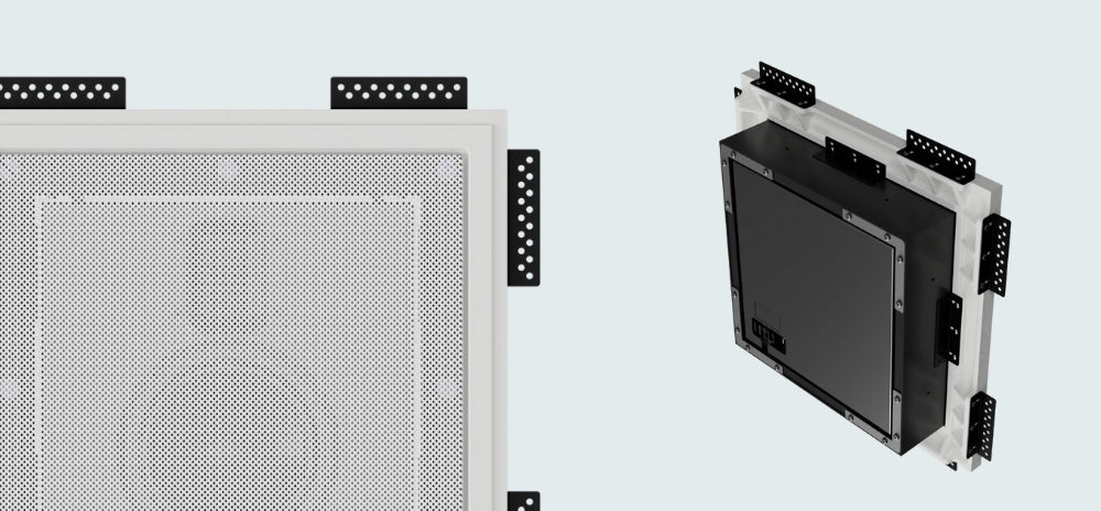 Flush-mounted Steinway Lyngdorf square speaker shown from front and back views, featuring a precision in-wall installation frame.