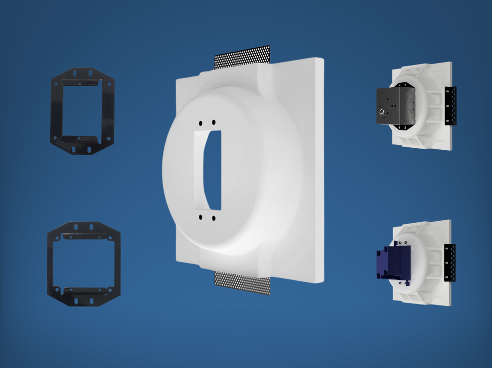 Universal in-wall mounting platforms displayed on a blue background, showing various adapter rings and mounting options.