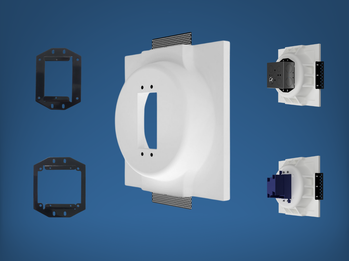 Universal in-wall mounting platforms displayed on a blue background, showing various adapter rings and mounting options.