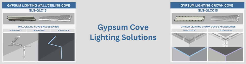 Gypsum cove lighting – wall/ceiling cove SLS-GLC15 and crown cove SLS-GLCC15 with accessories.