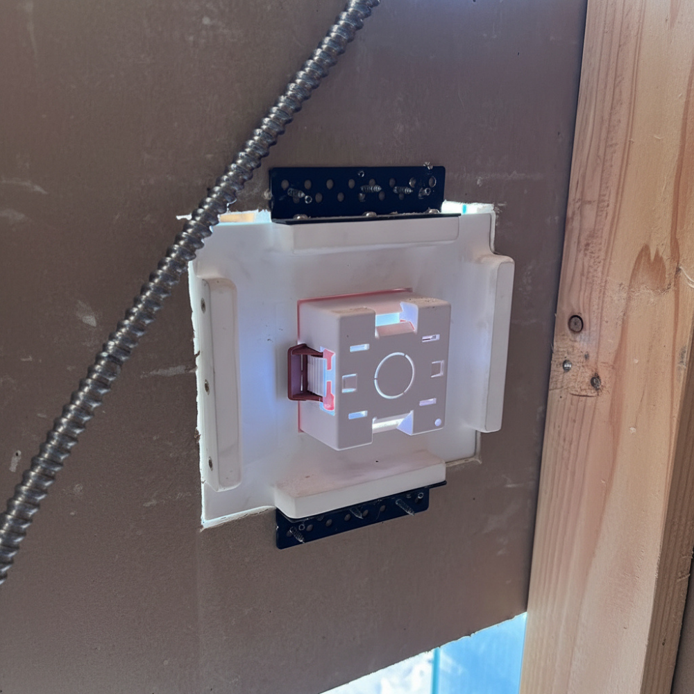1-gang dry lining box installed within a SeeLess flush in-wall mounting platform for a Lutron Alisse keypad, supporting a clean, recessed lighting control installation.