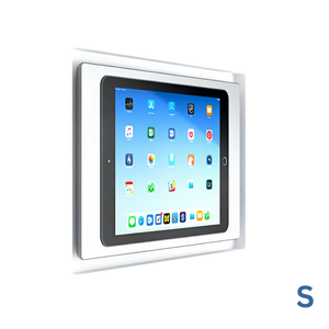 Small iPad recessed into the SL-IPCP5-375 flush in-wall mount with a white frame.