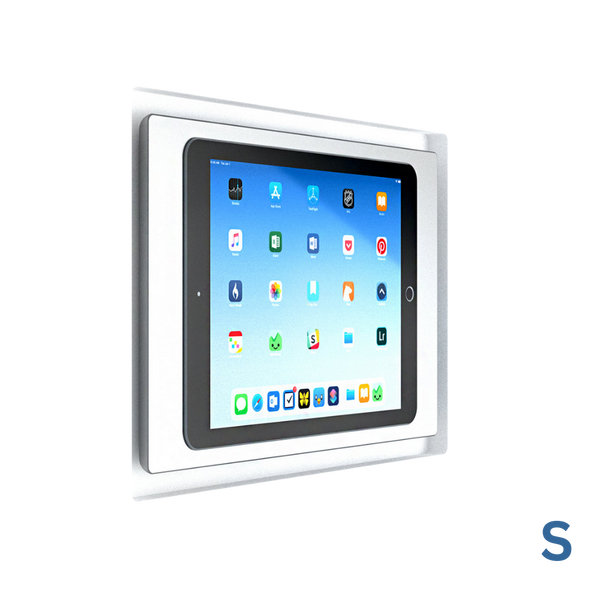 Small iPad recessed into the SL-IPCP5-375 flush in-wall mount with a white frame.