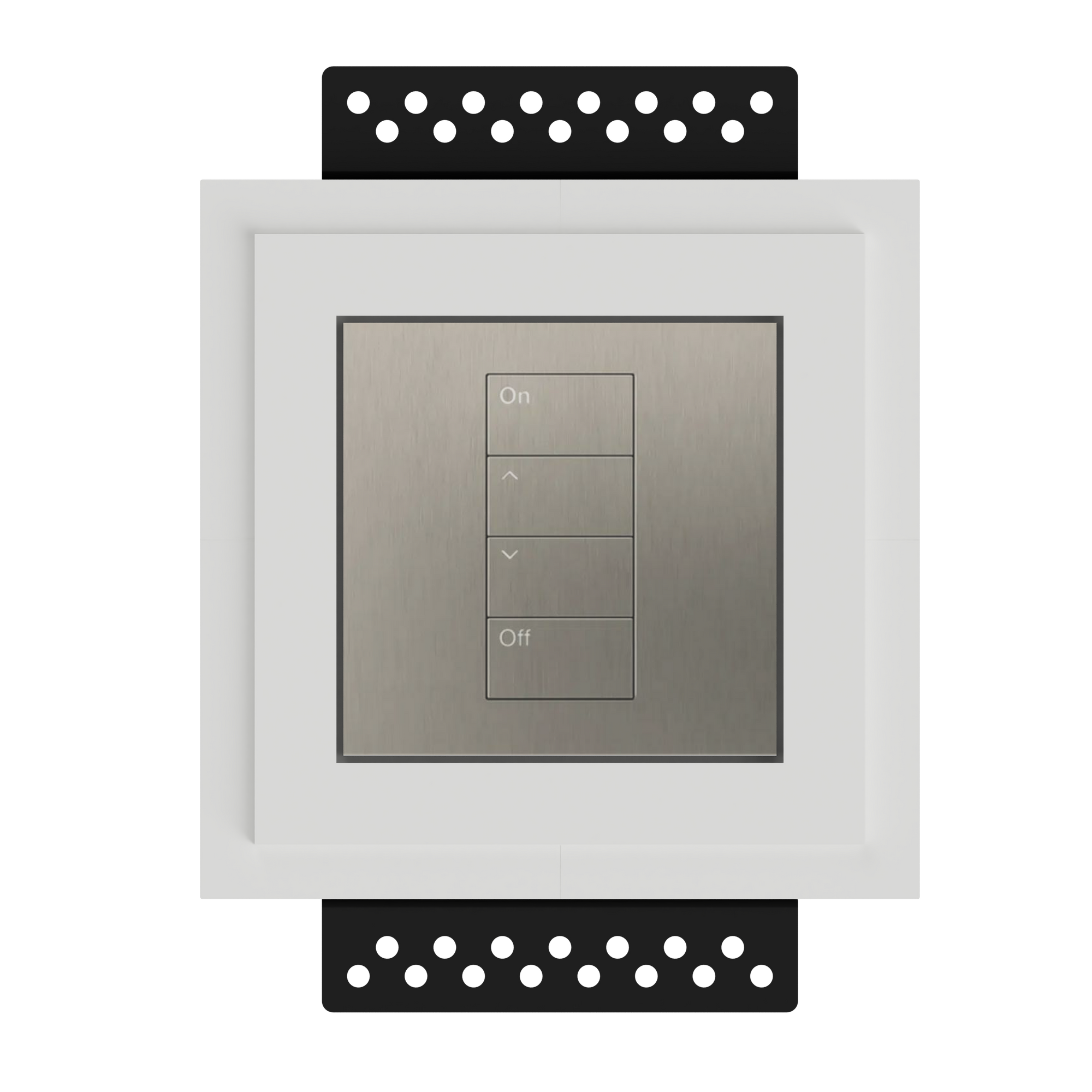 The SeeLess Square International Palladiom Mount is designed to integrate seamlessly with Lutron's single-column International-style Palladiom faceplate. The mount features a 1/16” reveal around the metal keypad, providing a clean, sophisticated look. It includes a European-style square old work box for easy installation. The product is available in an upgraded two-column version, known as SLA-LP2C-062M, which also offers the same seamless integration and refined appearance. This product enhances the aesthe