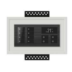 SeeLess Solutions Mud-In Gypsum Black Nova Architectural Style Double Gang In-Wall Plaster Mounting Platform. Detailed view of the Black Nova Architectural Style Double Gang Mounting Platform, emphasizing its clean lines and precision fit for technology integration.