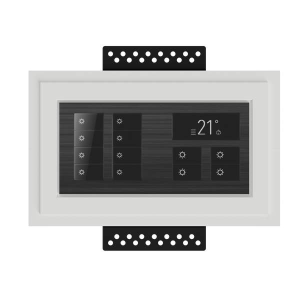 SeeLess Solutions Mud-In Gypsum Black Nova Architectural Style Double Gang In-Wall Plaster Mounting Platform. Detailed view of the Black Nova Architectural Style Double Gang Mounting Platform, emphasizing its clean lines and precision fit for technology integration.