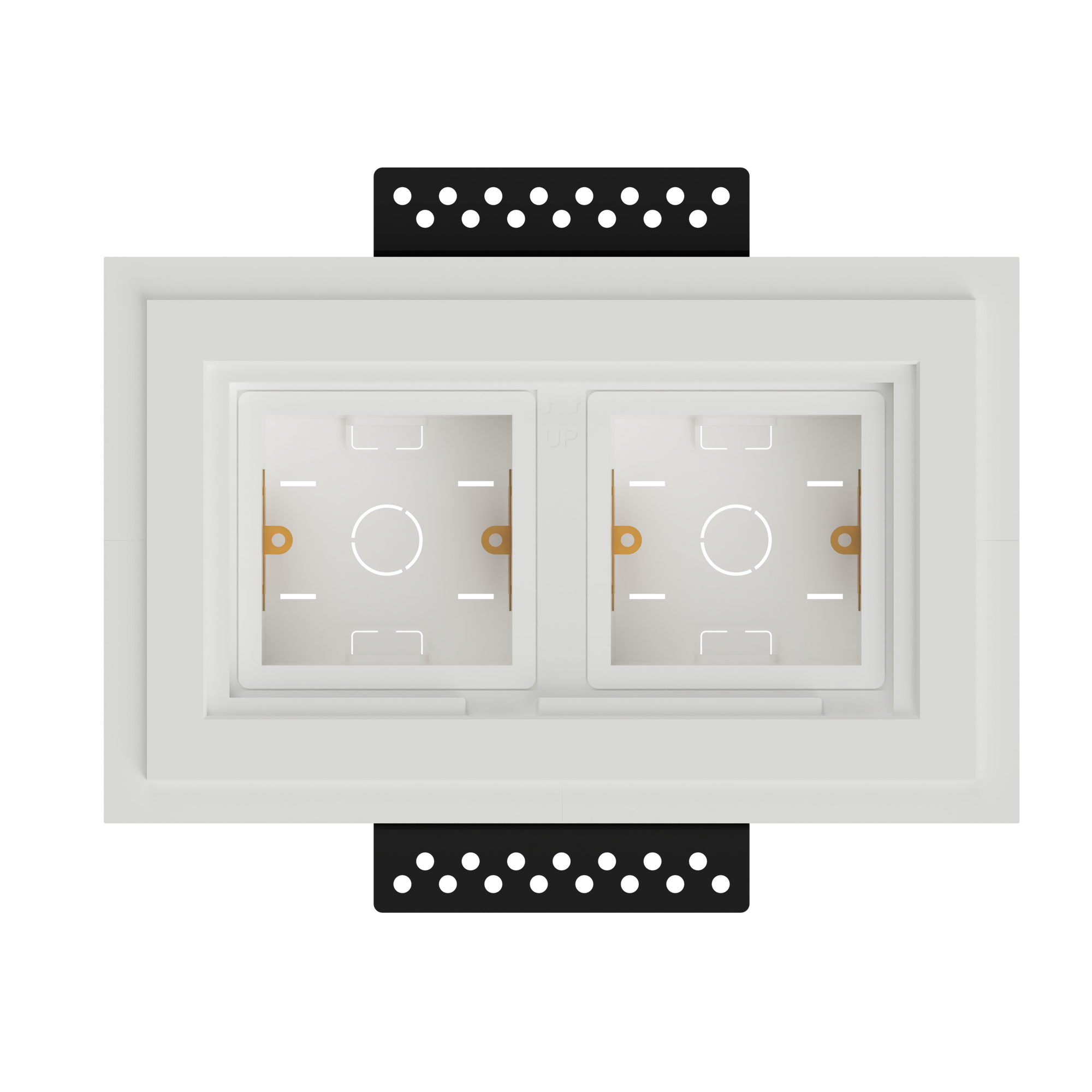 SeeLess Solutions Mud-In Gypsum Black Nova Architectural Style Double Gang In-Wall Plaster Mounting Platform. Black Nova Architectural Style Double Gang In-Wall Plaster Mounting Platform, custom-designed for Alba and Aria devices, providing a sleek and seamless integration.