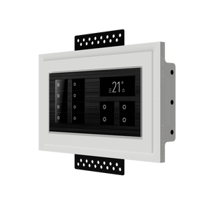 Flush in wall double gang mounting platform concealing Black Nova keypad within a recessed plaster wall for clean architectural integration