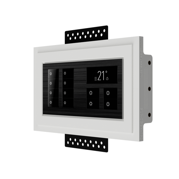 Flush in wall double gang mounting platform concealing Black Nova keypad within a recessed plaster wall for clean architectural integration