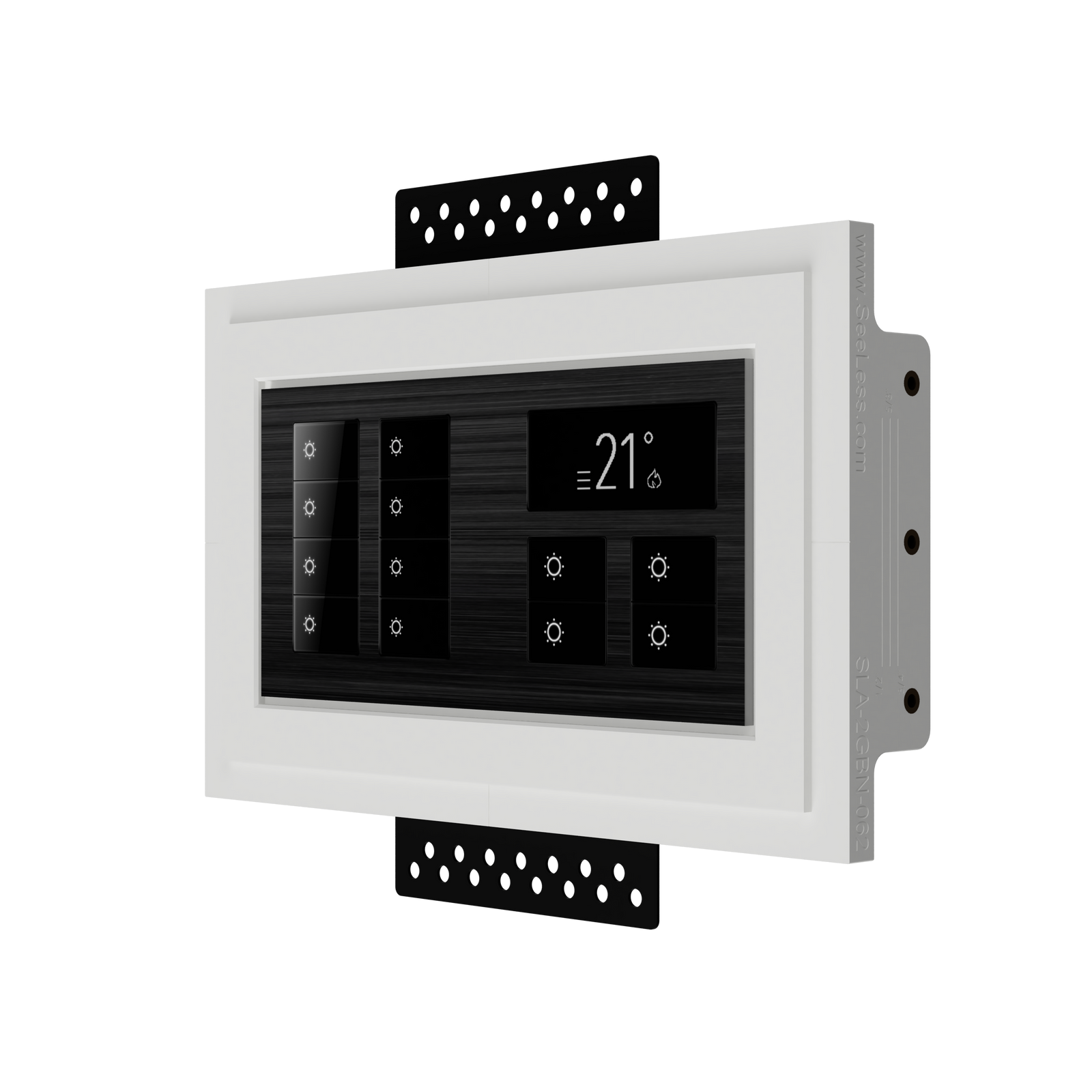 SeeLess Solutions Mud-In Gypsum Black Nova Architectural Style Double Gang In-Wall Plaster Mounting Platform.  Custom Alba and Aria Flush Mounts for Black Nova Devices. Seamless Integration for Sleek Appearance. Discreet Solution for Showcasing Your Technology. Available for Custom Orders. Upgrade Your Space with SeeLess Sophistication.