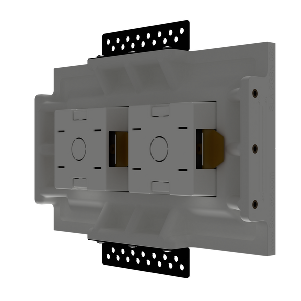 SeeLess Solutions Mud-In Gypsum Black Nova Architectural Style Double Gang In-Wall Plaster Mounting Platform. Custom Alba and Aria Flush Mounts for Black Nova Devices. Seamless Integration for Sleek Appearance. Discreet Solution for Showcasing Your Technology. Available for Custom Orders. Upgrade Your Space with SeeLess Sophistication.