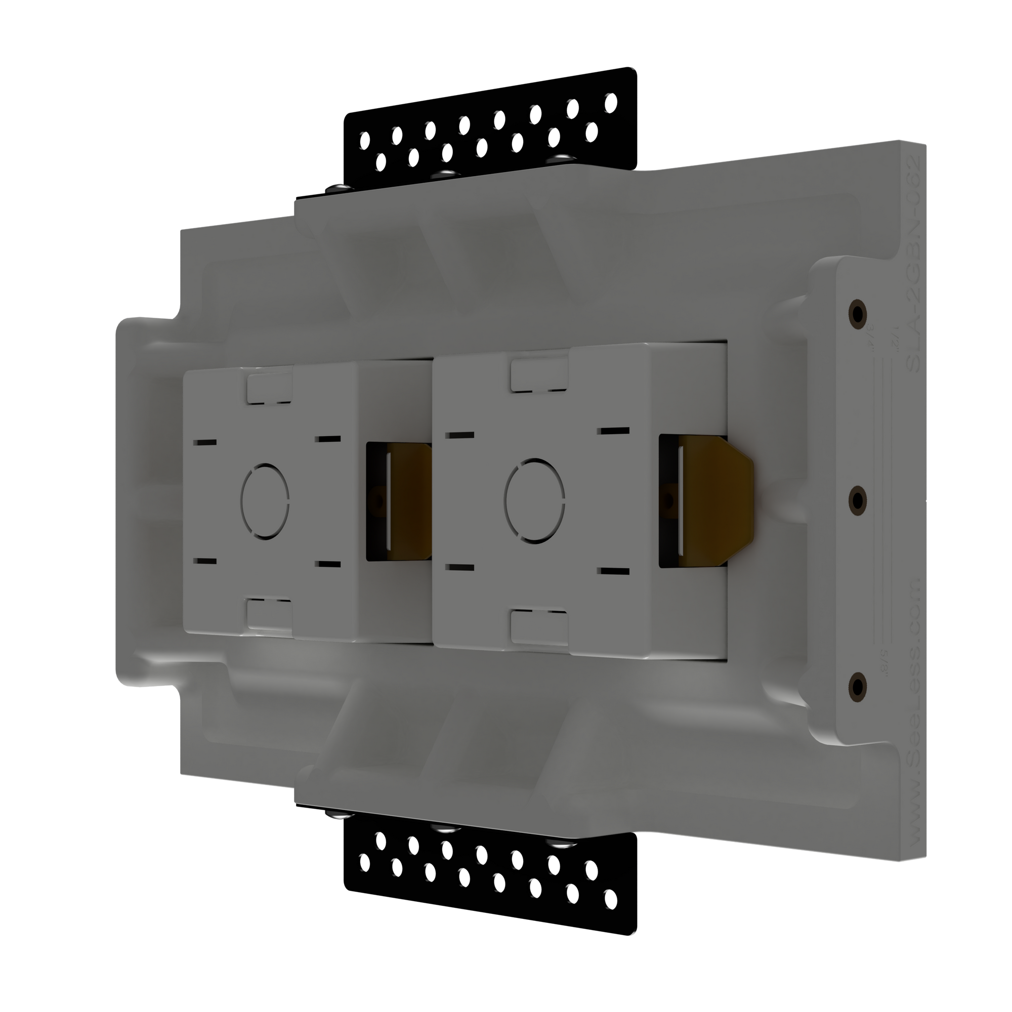 SeeLess Solutions Mud-In Gypsum Black Nova Architectural Style Double Gang In-Wall Plaster Mounting Platform. Custom Alba and Aria Flush Mounts for Black Nova Devices. Seamless Integration for Sleek Appearance. Discreet Solution for Showcasing Your Technology. Available for Custom Orders. Upgrade Your Space with SeeLess Sophistication.