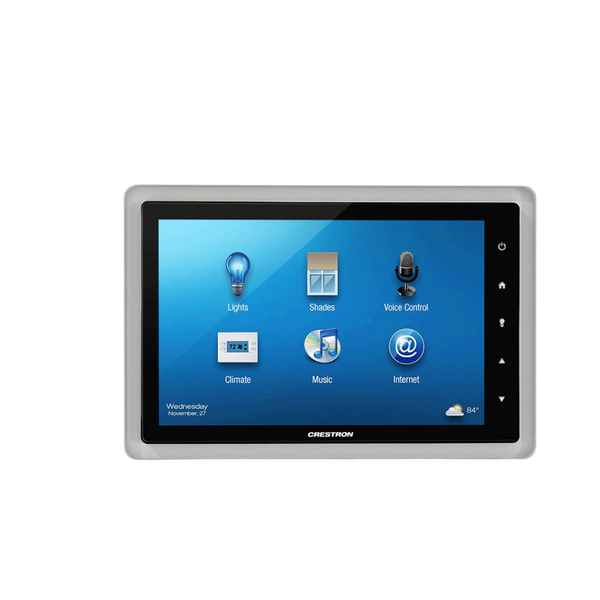 Trimless gypsum in‑wall mount SLD‑TPS‑500 shown with Crestron 7″ touch screen — professional smart‑home integration.