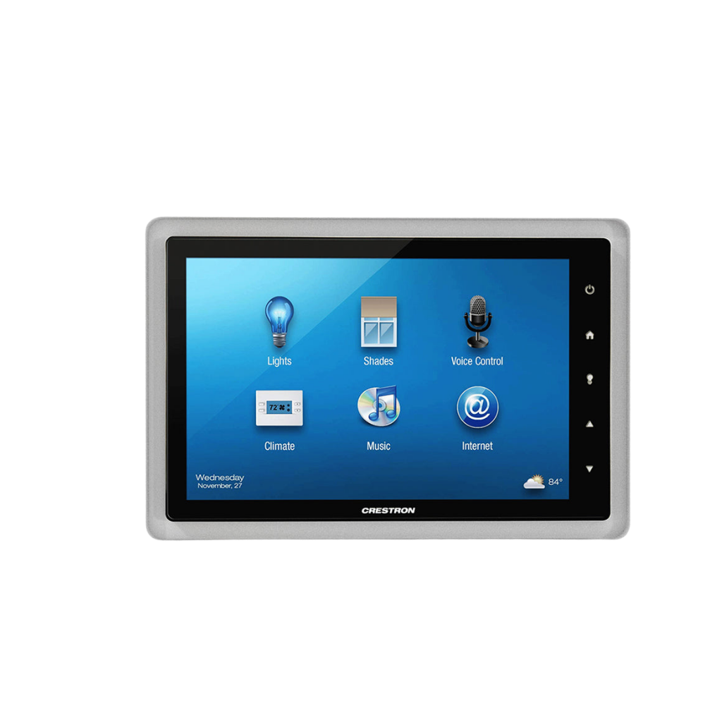 Trimless gypsum in‑wall mount SLD‑TPS‑500 shown with Crestron 7″ touch screen — professional smart‑home integration.