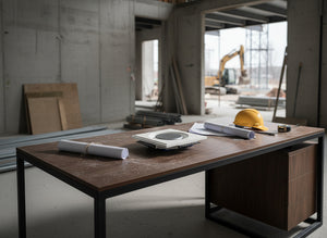 Technical drawing of a smoke detector element with SeeLess Solutions flush mounting bracket on a construction background