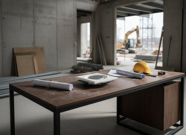 Technical drawing of a smoke detector element with SeeLess Solutions flush mounting bracket on a construction background