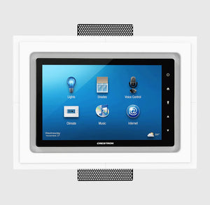 Flush-mounted SeeLess SLD‑TPS‑500 with Crestron 7″ touch panel — consistent edge reveal and smooth wall finish.