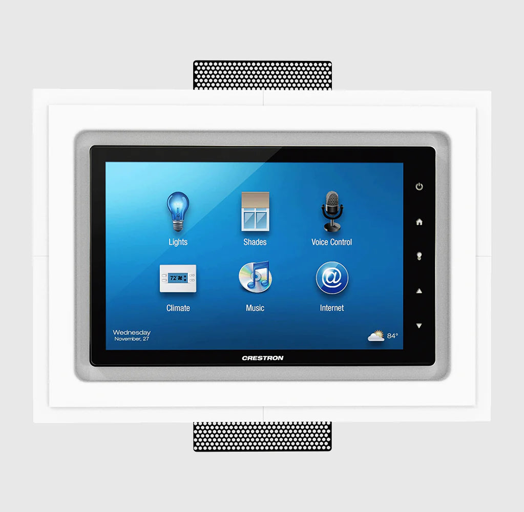 Flush-mounted SeeLess SLD‑TPS‑500 with Crestron 7″ touch panel — consistent edge reveal and smooth wall finish.