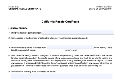Resale Certificate Form