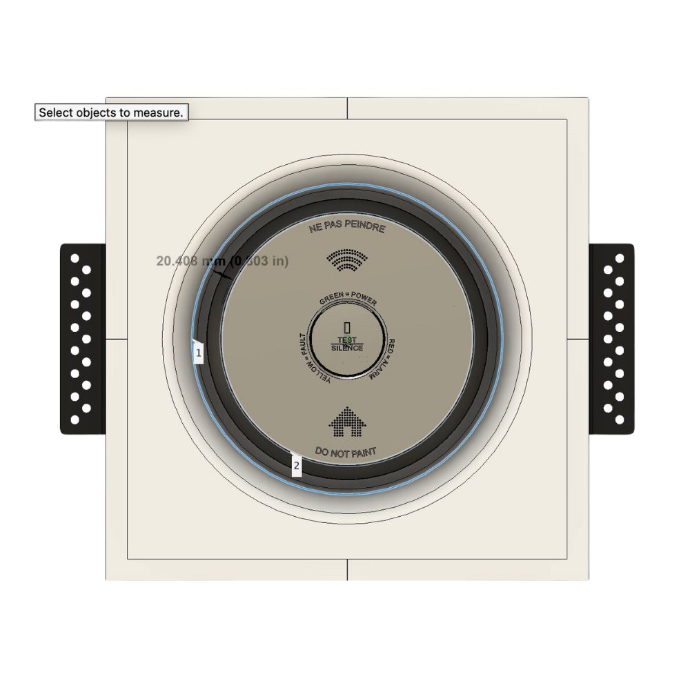 Render showing trimless integration of Siterwell smoke detector into SMR-2GU-170x46 CPN 1GU round in-wall mount