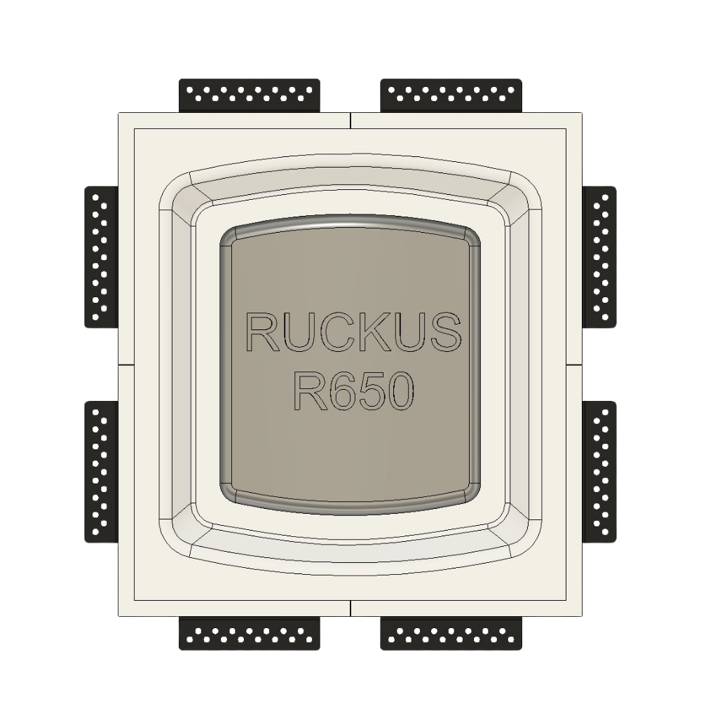 SeeLess flush in-wall mount shown with a Ruckus R650 Wireless Access Point for seamless integration.