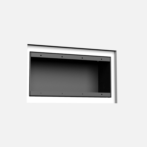 Trimless four-gang in-wall platform with sharp square corners and smooth finish