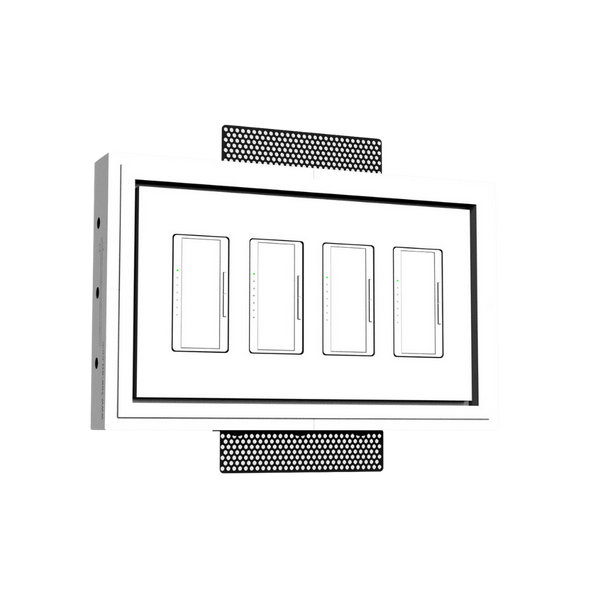 Modern four-gang in-wall plaster platform with 1/8" reveal for Lutron devices
