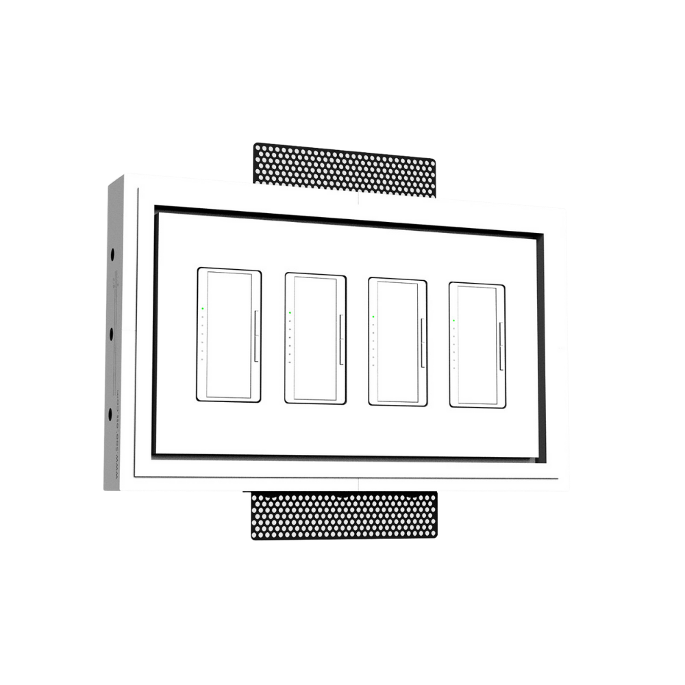 Modern four-gang in-wall plaster platform with 1/8&quot; reveal for Lutron devices