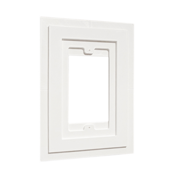 Flush in-wall mounting platform for Meljac 82x144 keypads with magnetic attachment and sharp corners, recessed into smooth white drywall