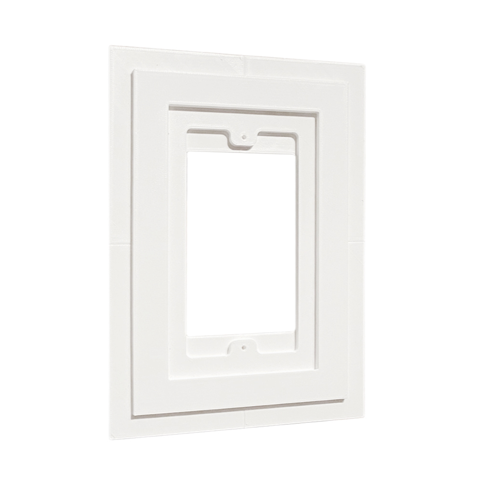 Flush in-wall mounting platform for Meljac 82x144 keypads with magnetic attachment and sharp corners, recessed into smooth white drywall