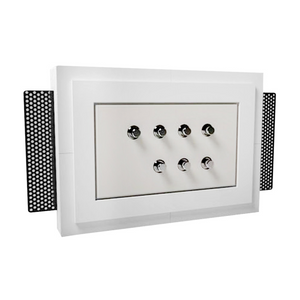 Angled side view of SeeLess plaster mount for Meljac 82x144 keypad showing trimless recessed integration into gypsum wall