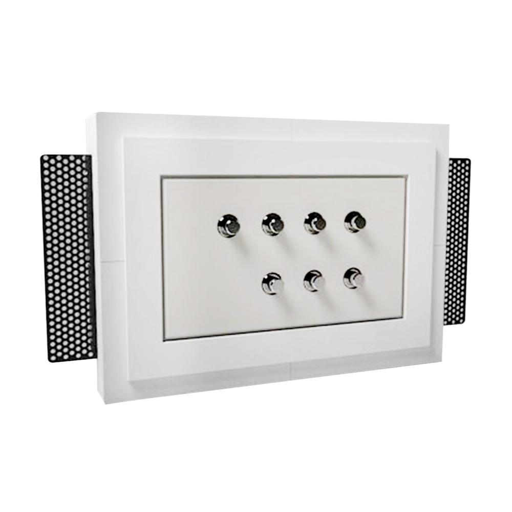 Angled side view of SeeLess plaster mount for Meljac 82x144 keypad showing trimless recessed integration into gypsum wall