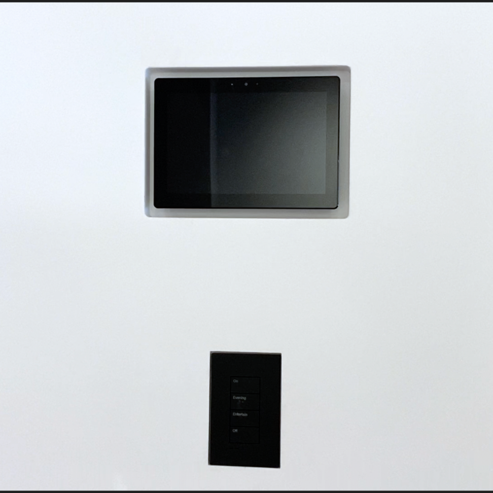SeeLess in-wall flush mount for Control4 10&quot; panel — paintable gypsum platform with no bezel.