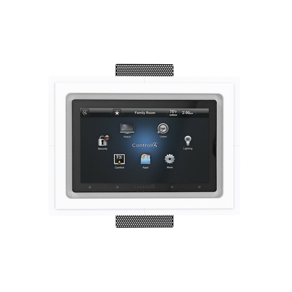 Control4 10-inch touch panel recessed in the SLD-TPC410-375 flush in-wall mount.