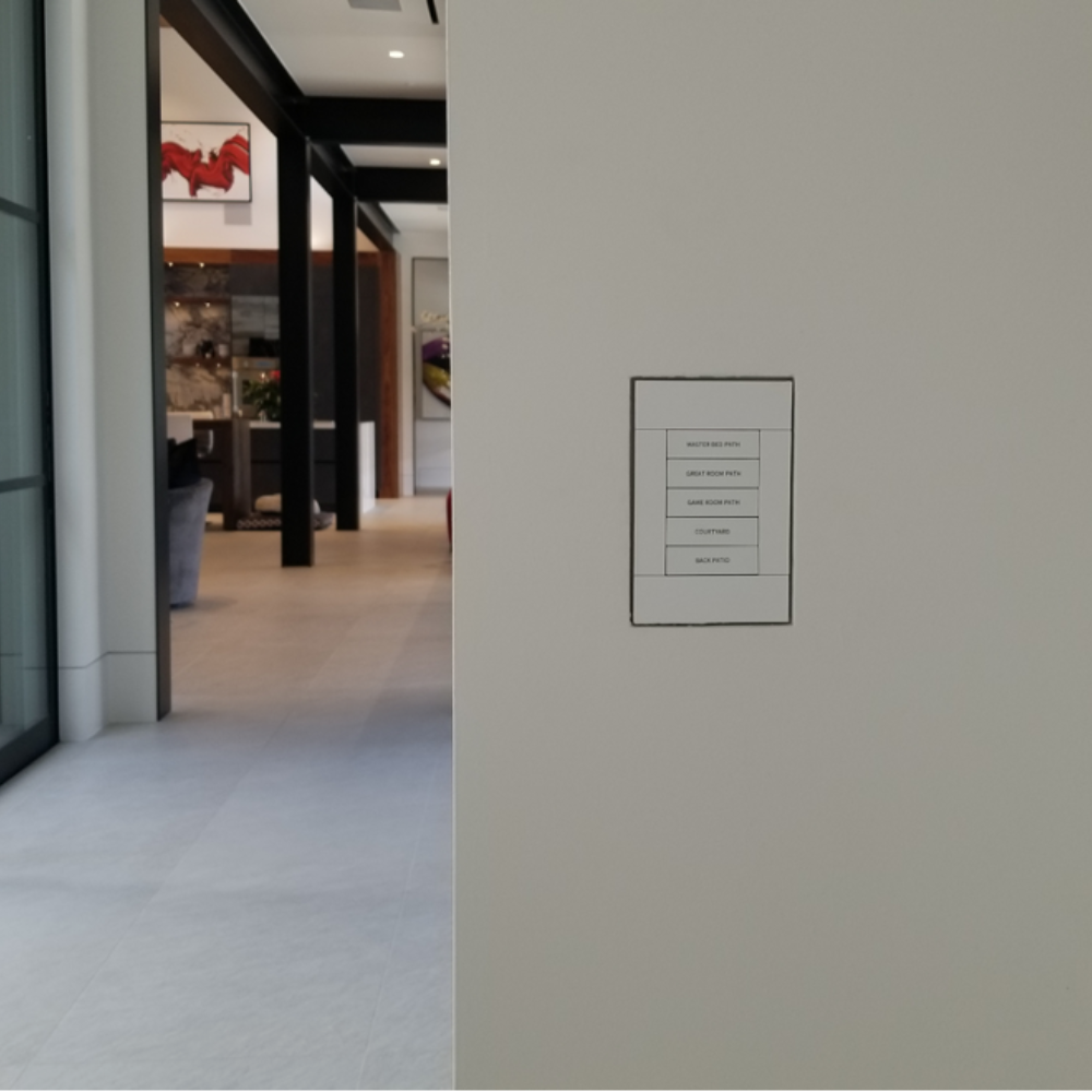 SLA-1GHZ-062 platform installed on-site, mudded into drywall – Crestron Horizon keypad prep.