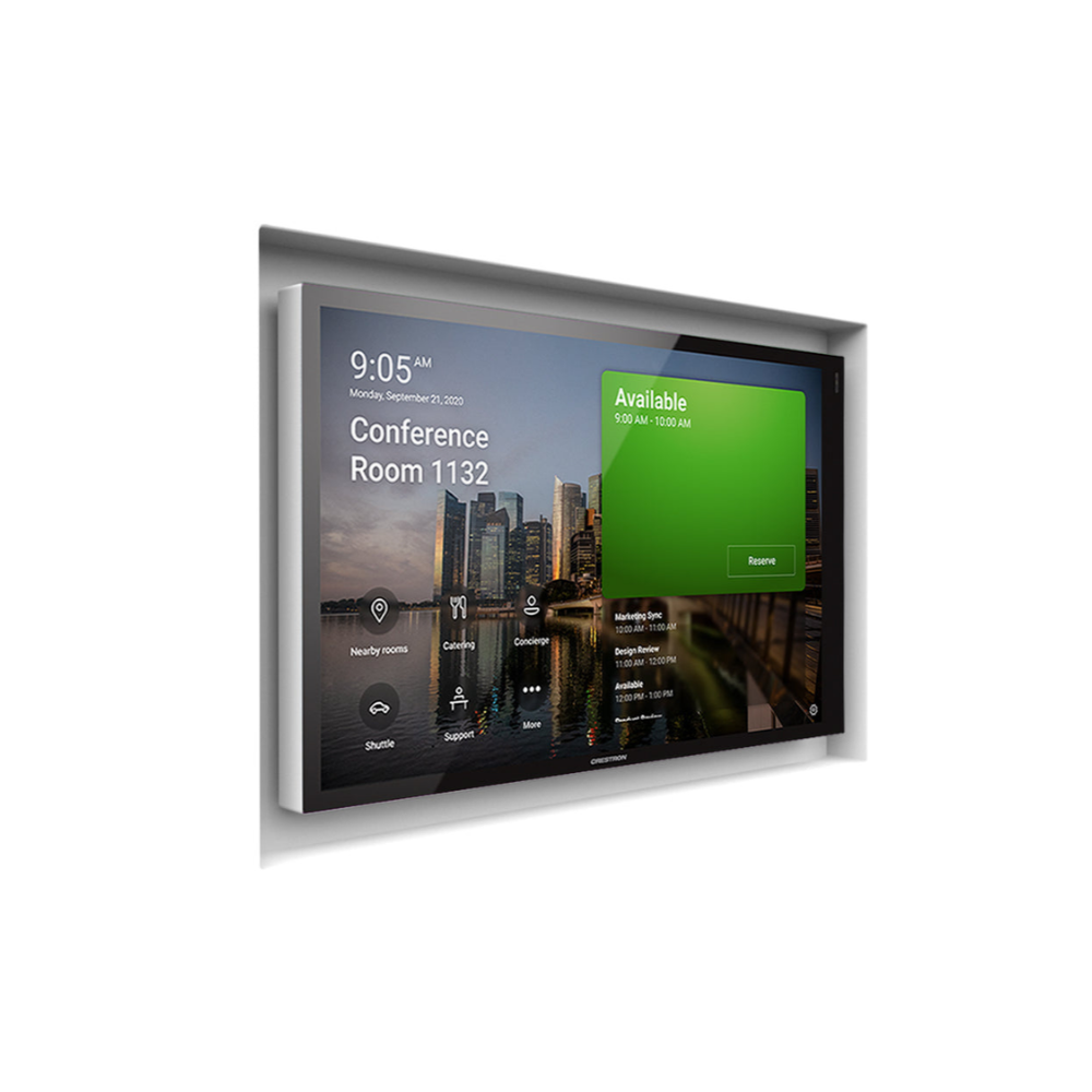 10-inch Crestron 70 Series touch panel installed in a SeeLess flush in-wall mounting platform