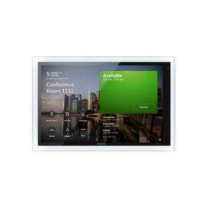 Crestron 10″ 70‑Series Touch Panel installed in SeeLess SLA‑TPCT10‑375 flush in‑wall plaster mount — no visible trim.