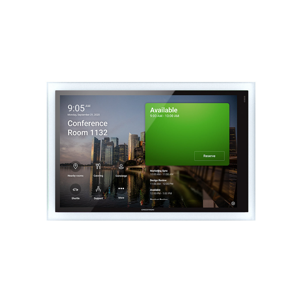 Crestron 10″ 70‑Series Touch Panel installed in SeeLess SLA‑TPCT10‑375 flush in‑wall plaster mount — no visible trim.