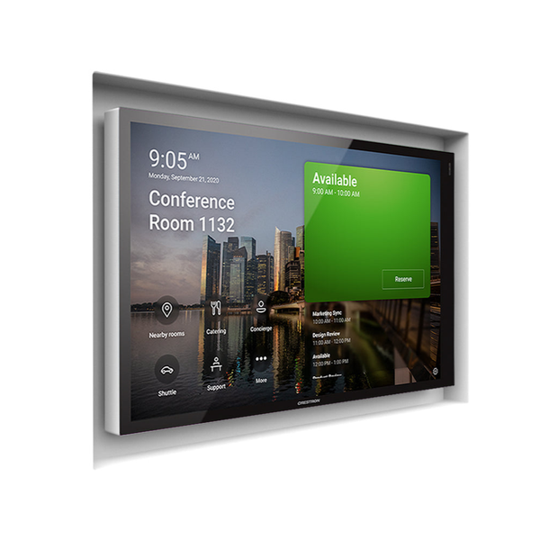 SeeLess Solutions in‑wall platform SLA‑TPCT10‑375 hosting a Crestron 10″ touch screen — sleek and trimless.