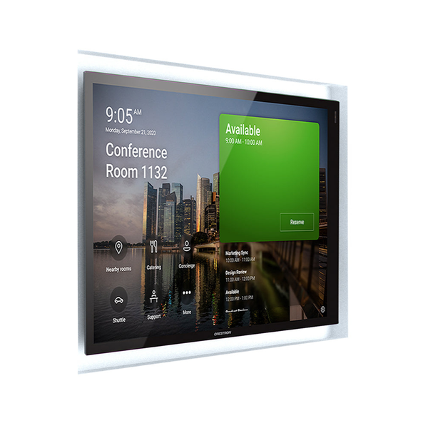 Crestron 10″ 70 Series Touch Panel recessed using SeeLess SLA‑TPCT10‑375 platform — clean architectural finish.