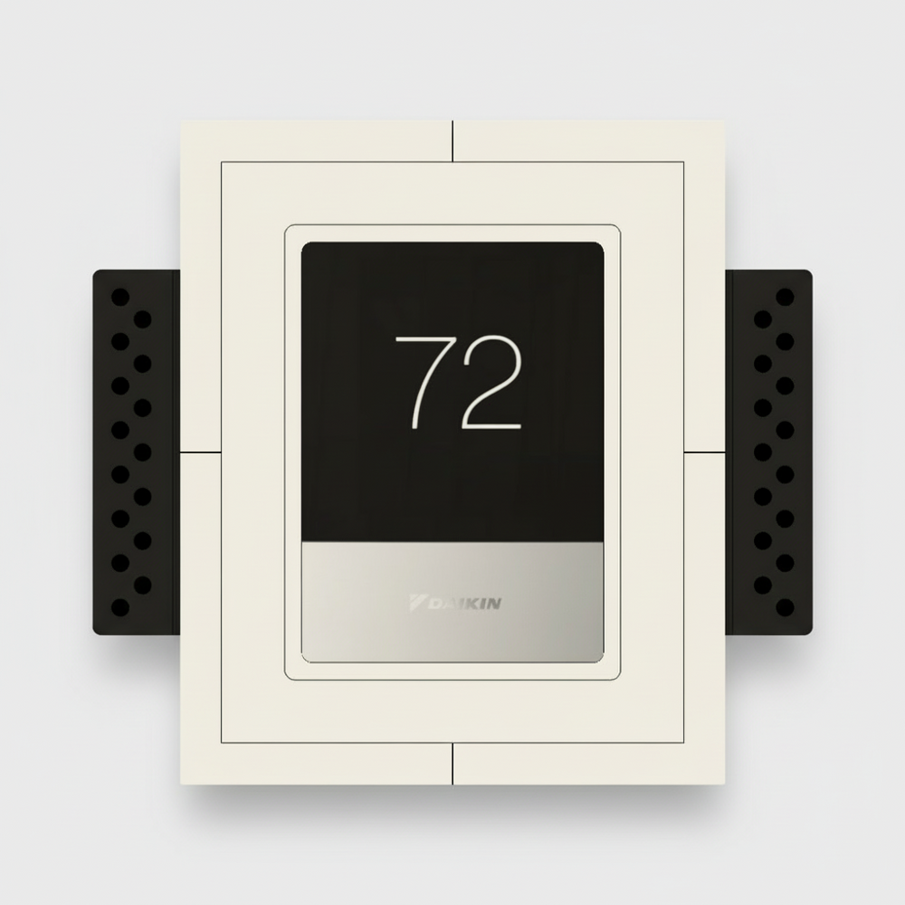 Daikin thermostat flush in-wall plaster mounting platform, front view.