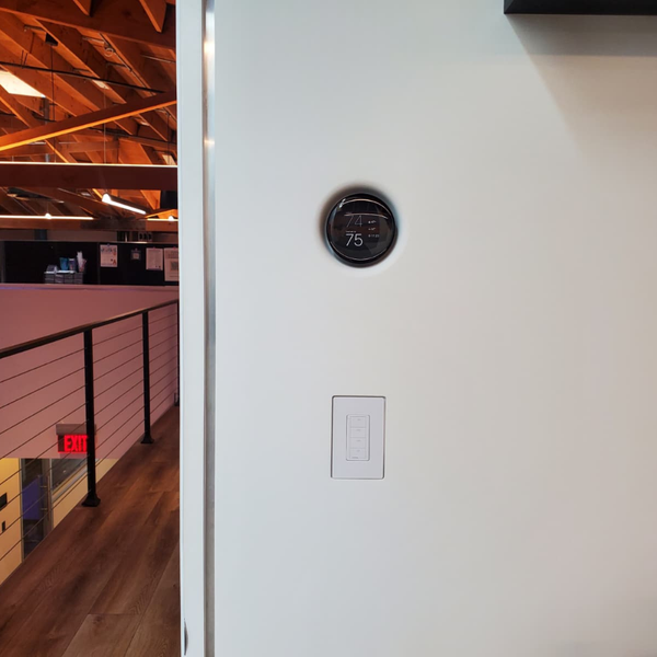 Duo platform showcase featuring the mud-in platform for the Google Nest Thermostat and 1-Gang Lutron faceplate.