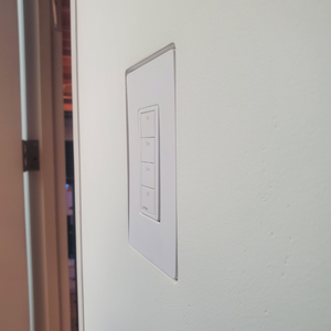 Left Side View of Mud-In Mount with Lutron Faceplate. Designer style with One Fourth inch reveal.