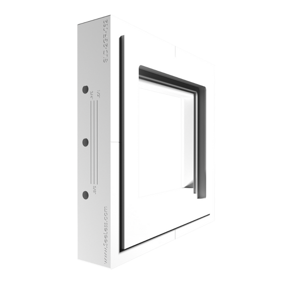 SLD-2GR-062 two-gang flush mount – close-up of rounded corners in raw drywall