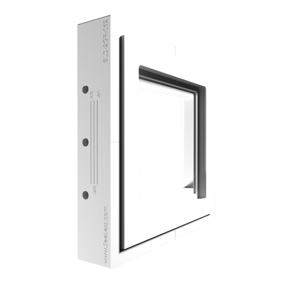 SLD-2GR-062 two-gang flush mount – close-up of rounded corners in raw drywall