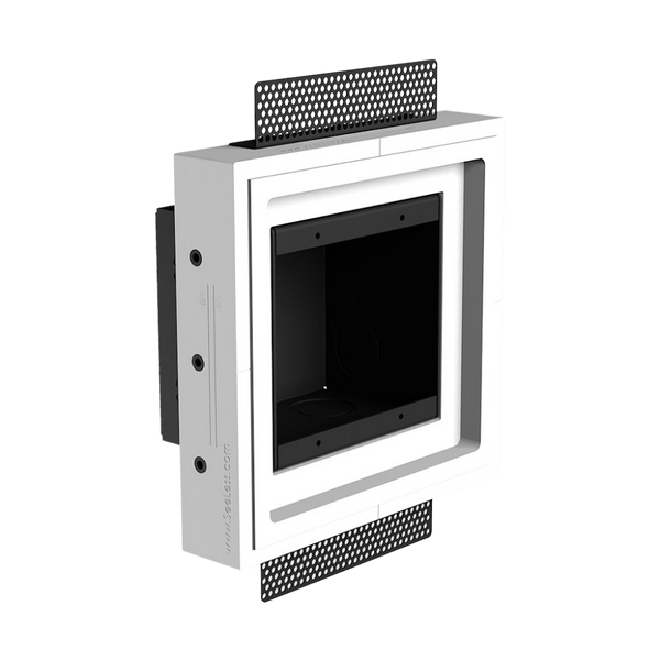 Minimalist wall integration with SLD-2G-062 two-gang mount – raw plaster view